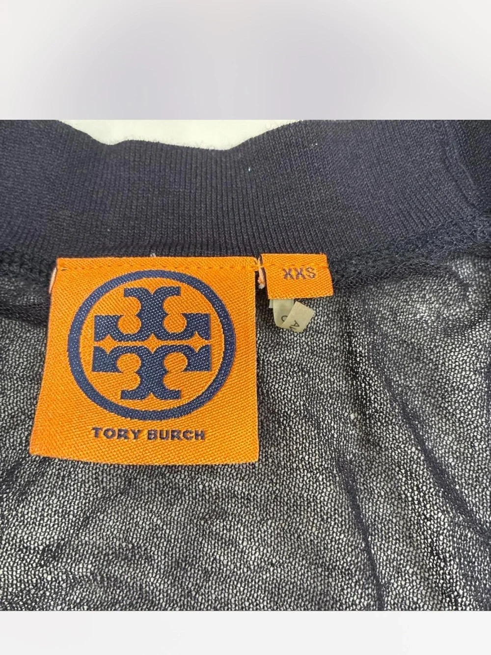 Tory Burch Navy Long Open-Front Cardigan with Logo Buttons